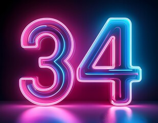 3d neon light number 34 glowing in the dark, pink blue neon light	
