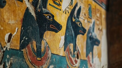 Close-up of the vibrant colors on a wall painting inside an Egyptian tomb, showcasing ancient artistry.
