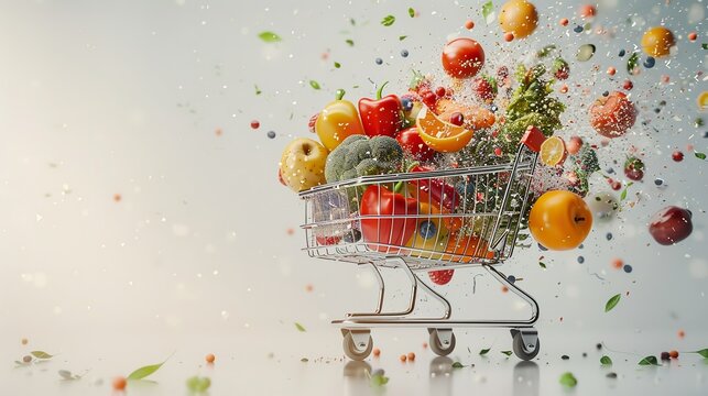 On a white background, a huge colorful light bulb is suspended in the air, a shopping cart is hung under the bulb, Many colorful balls fall from the bulb into the shopping cart. Generative AI.