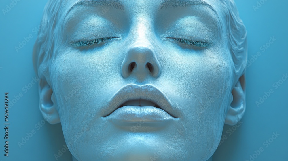 Poster a tranquil figure with closed eyes radiates peacefulness, surrounded by a soothing blue ambiance, cr