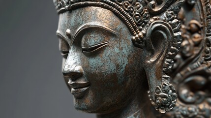 Detailed 3D view of a traditional Thai bronze statue, focusing on the finely sculpted features and patina.