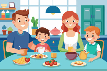 Happy family eating in the kitchen. Father, mother, son and daughter have breakfast at the table at home
