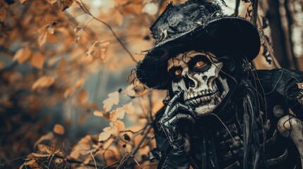 A man in a skeleton costume, posing with a spooky backdrop.