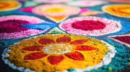 Fototapeta premium Detailed shot of colorful Rangoli art, capturing the vibrant powders arranged in symmetrical patterns on the ground.