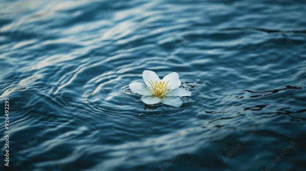 Poster Detailed view of a small flower floating on the surface of the Ganges River, surrounded by gentle waves.