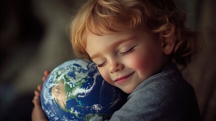 A young child lovingly hugging a model of planet Earth, symbolizing environmental protection and a bright future, with a hopeful expression