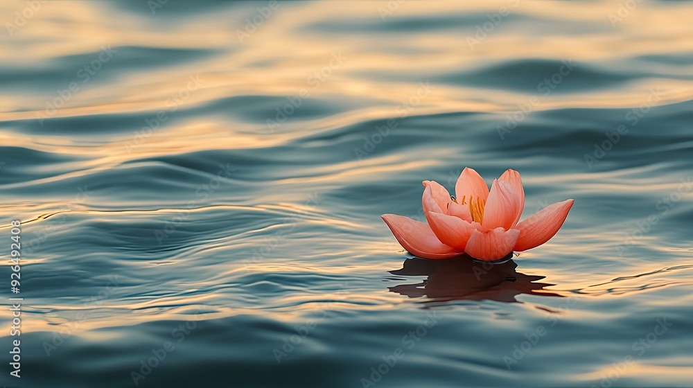 Poster detailed view of a small flower floating on the surface of the ganges river, surrounded by gentle wa