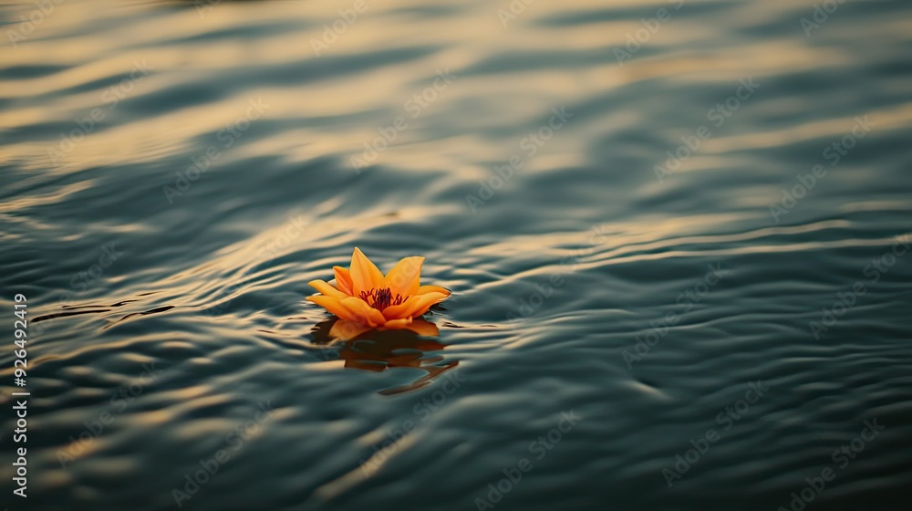 Poster detailed view of a small flower floating on the surface of the ganges river, surrounded by gentle wa