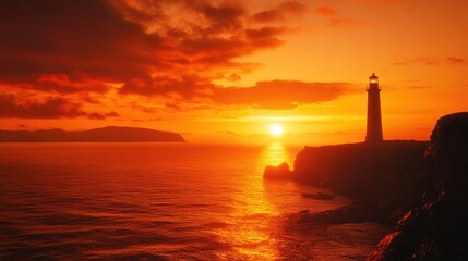 Epic sunset behind a solitary lighthouse, casting a dramatic orange glow over the rugged coastline and sea.