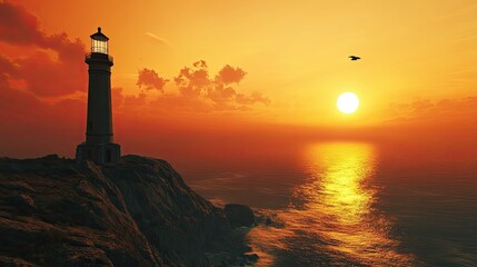 Fototapeta premium Epic sunset behind a solitary lighthouse, casting a dramatic orange glow over the rugged coastline and sea.