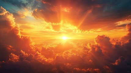 Epic sunset with a dramatic cloudscape, with warm light breaking through and casting a golden glow over the landscape.