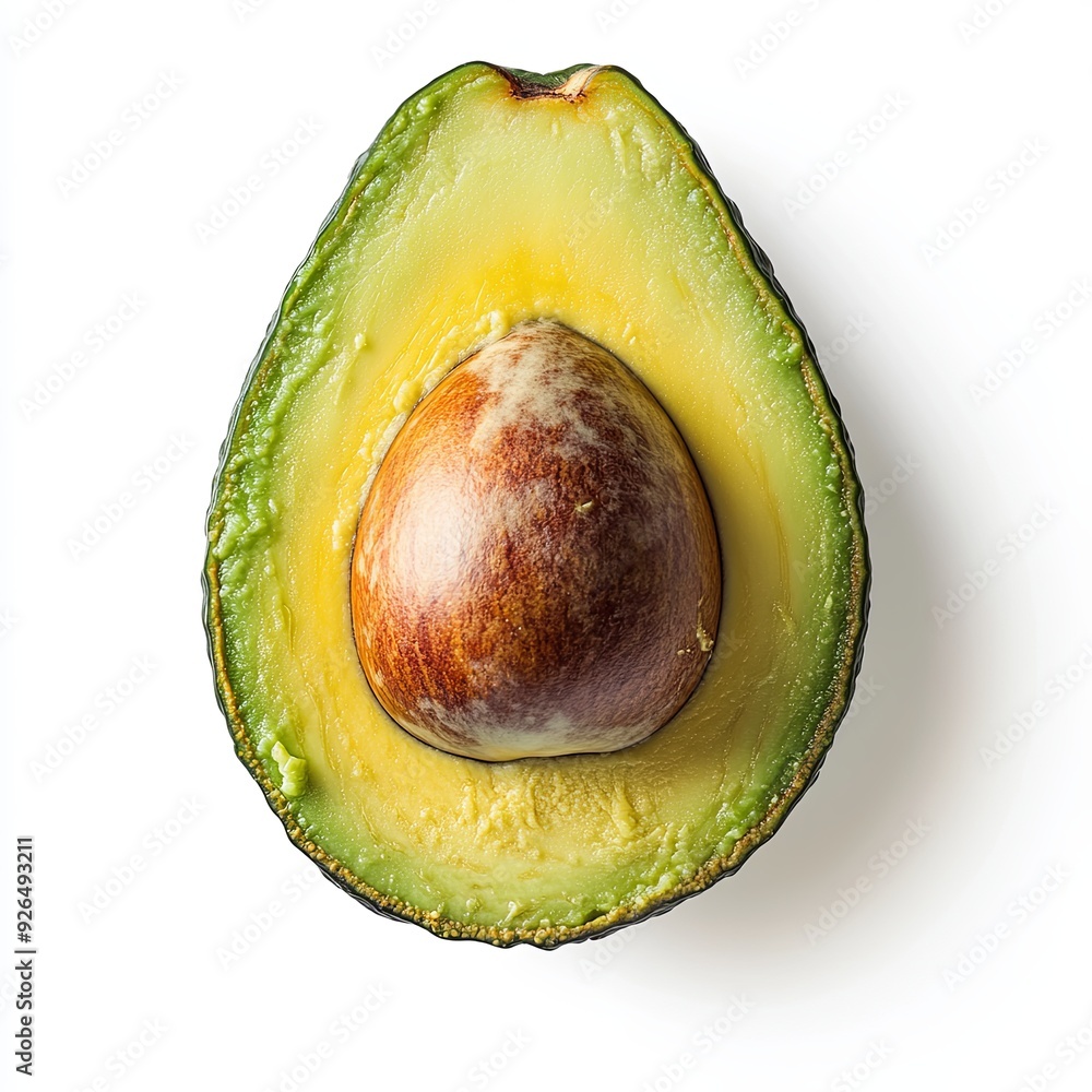 Wall mural a ripe avocado, sliced in half with the seed visible, floating with a slight separation between the 