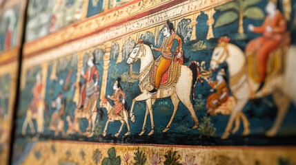 Obraz premium Focused shot of a hand-painted Indian miniature painting, with rich colors and fine brushwork visible in every detail.