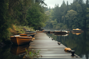 Obraz premium Fisherman dock with fisherman boat, Wooden path dock with small fisherman boat parking.