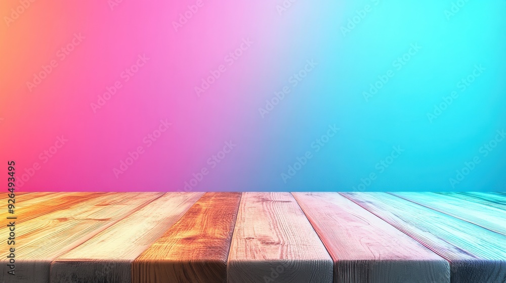 Poster a wooden table with a colorful background. the table is empty and the background is a mix of blue, p