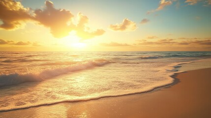 Obraz premium Golden sunset casting long shadows over a serene beach, with the sky transitioning from blue to warm orange.