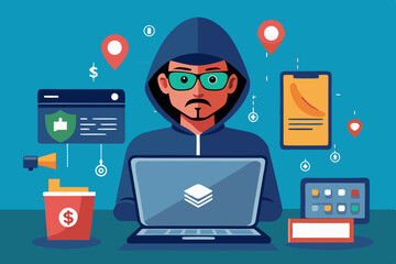 Internet fraud. Hacker behind a laptop monitor. Phishing and online surveillance. Identity theft and hacking of bank
