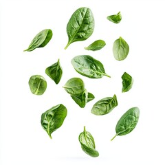 Fresh spinach leaves, floating gracefully in the air, with some leaves partially overlapping, creating a dynamic, healthy look, isolated on a white background