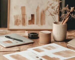A serene workspace featuring artistic tools, earthy decor, and creative prints that inspire productivity and relaxation.