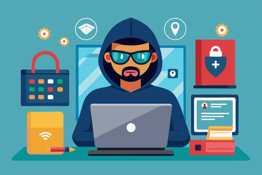Internet fraud. Hacker behind a laptop monitor. Phishing and online surveillance. Identity theft and hacking of bank
