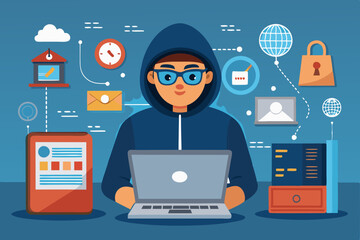 Internet fraud. Hacker behind a laptop monitor. Phishing and online surveillance. Identity theft and hacking of bank
