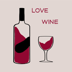 A wine bottle and glass with a love theme in a minimalist design
