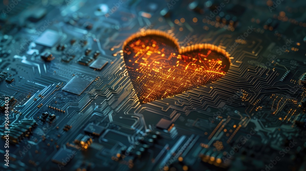 Poster heart shaped like a microchip. technologies and life. ai generative.