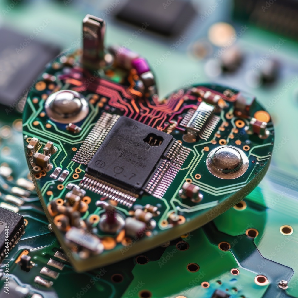 Aufkleber romantic heart in the form of a microcircuit or chip. ai generative.