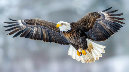 Fototapeta premium A large eagle is flying through the sky with its wings spread wide. Concept of freedom and power, as the eagle soars effortlessly through the air. The snowy background adds a sense of tranquility