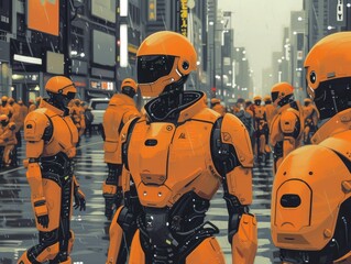 Fototapeta premium Gray-orange robots cyborgs on the city street. AI generative.