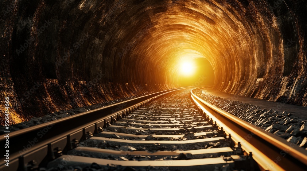 Poster a train track with a tunnel in the background. the tunnel is lit up by the sun, creating a warm and 