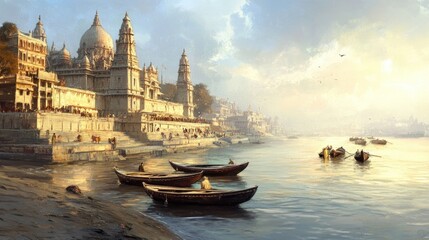 Naklejka premium Peaceful scene of the Ganges River with boats anchored by the shore, temple spires visible in the background.