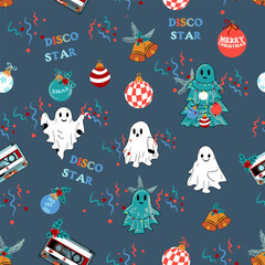 Seamless Halloween Christmas pattern. Vector illustration of Halloween party, disco, music, retro style. Vector cartoon seamless pattern.