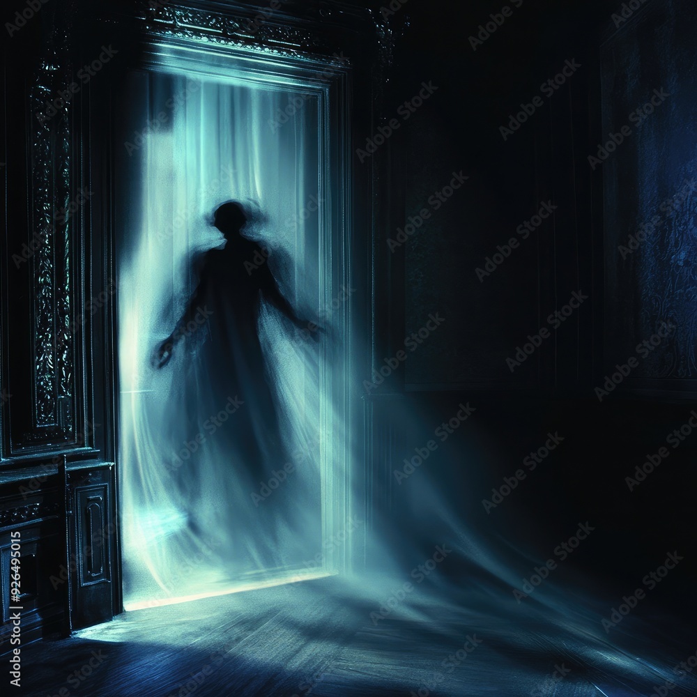 Poster invisible ghost causing shadows to flicker and dance in the dark, its presence only hinted at, ghost