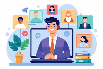 Video conference. Business communication with colleagues online. A man being at home communicates
