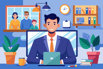 Video conference. Business communication with colleagues online. A man being at home communicates
