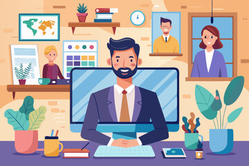 Video conference. Business communication with colleagues online. A man being at home communicates
