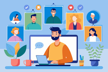 Video conference. Business communication with colleagues online. A man being at home communicates
