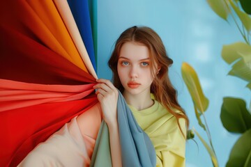 Young woman receiving color type consultation from a personal stylist, exploring different fabric samples in various colors.