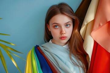 Horizontal banner featuring a blue-eyed woman choosing colors that complement her look. Personal stylist consultation, color analysis. Woman holds colorful fabrics, matching shades to her face.