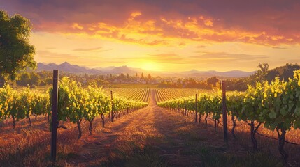 Obraz premium Stunning sunset over a peaceful vineyard, with the sky painted in warm hues and the rows of grapevines gently illuminated.