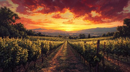 Fototapeta premium Stunning sunset over a peaceful vineyard, with the sky painted in warm hues and the rows of grapevines gently illuminated.