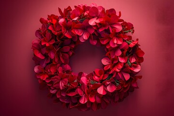 Elegant Red Floral Wreath on Deep Red Background - Holiday Decoration, Festive Design for Cards, Posters, Invitations