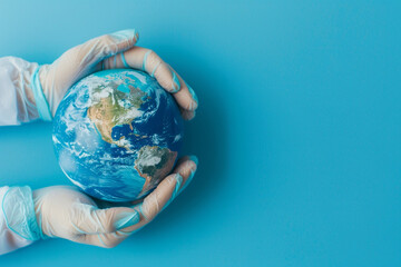 Hands in Blue Gloves Holding a Globe