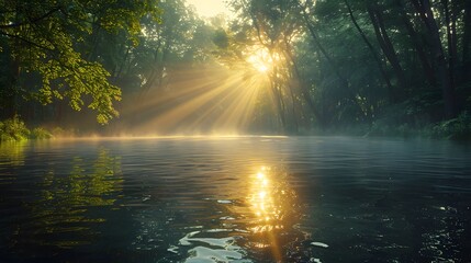 A serene river scene with John baptizing Jesus, pouring water over Jesus' head, the Holy Spirit descending as a dove, sunlight filtering through the trees, creating a divine effect,