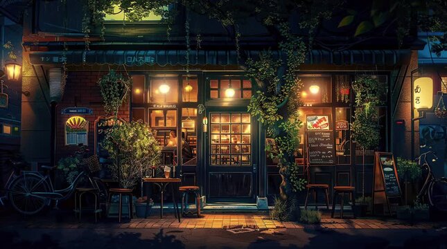 A glowing storefront of a charming cafe, with warm and inviting lights illuminating the entrance and creating a cozy ambiance in the Seamless looping 4k time-lapse virtual video animation Generated AI