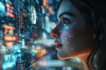 Image of a couple talking through digital avatars in a high-tech room filled with glowing displays and futuristic gadgets. The avatars appear lifelike, emphasizing the emotional connection despite