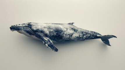 Obraz premium A whale is shown in a white background with a blue and white color scheme. The whale is large and has a unique pattern on its skin. Concept of awe and wonder at the beauty of nature