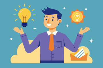 Concept of a great idea. Man shows gesture. Solution of the problem. Vector illustration
