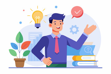 Concept of a great idea. Man shows gesture. Solution of the problem. Vector illustration
